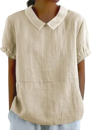Trendy T Shirts for Women Loose Fit Solid Color Lapel Collar Short Sleeve Linen Blouse Summer Lightweight Workout Top