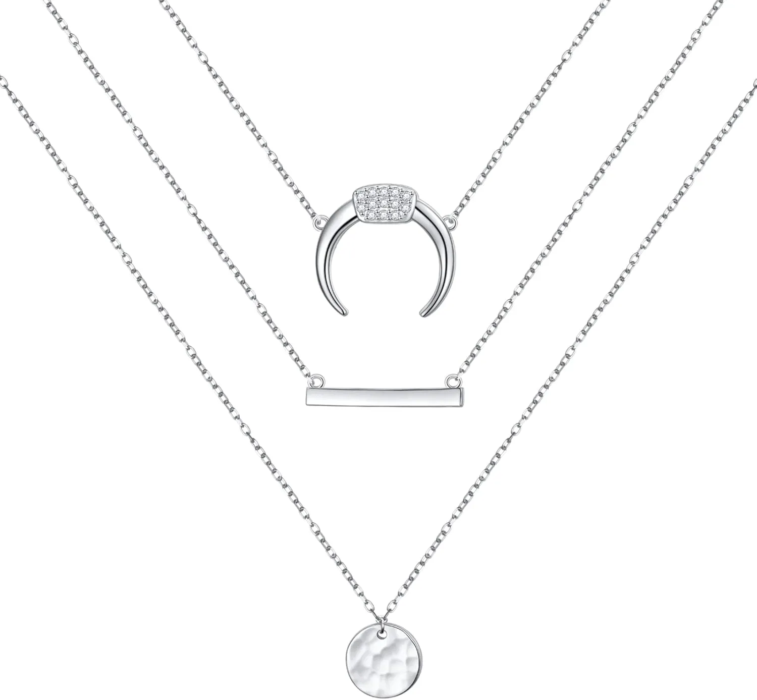 Triple Layered Necklace 925 Sterling Silver Moon Bar Coin Disc Multi layered Long Chain Necklace for Women Valentine's Day Gifts