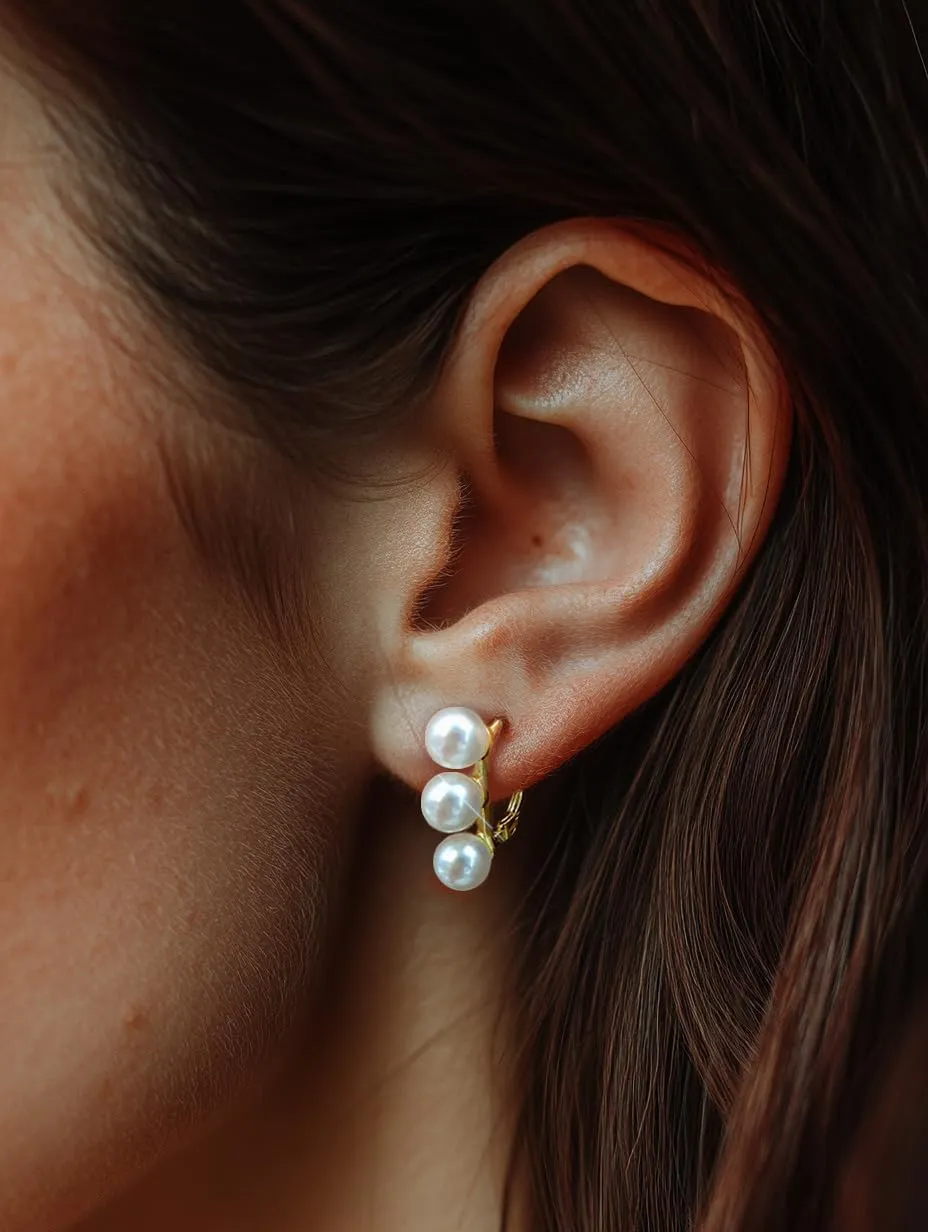 Triple Pearl Huggie Hoop Earrings, 18K Gold Plated Sterling Silver, White Shell Pearls, Leverback Closure