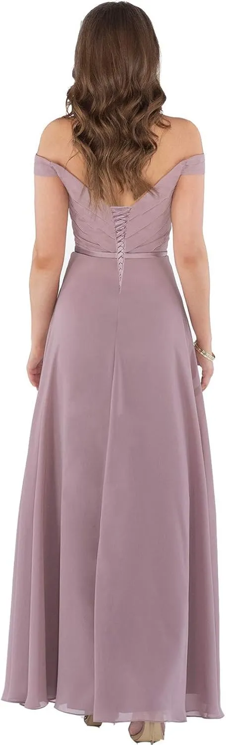 Tsbridal Off Shoulder Bridesmaid Dresses for Women Long A-Line Ruched Chiffon Formal Evening Prom Gowns