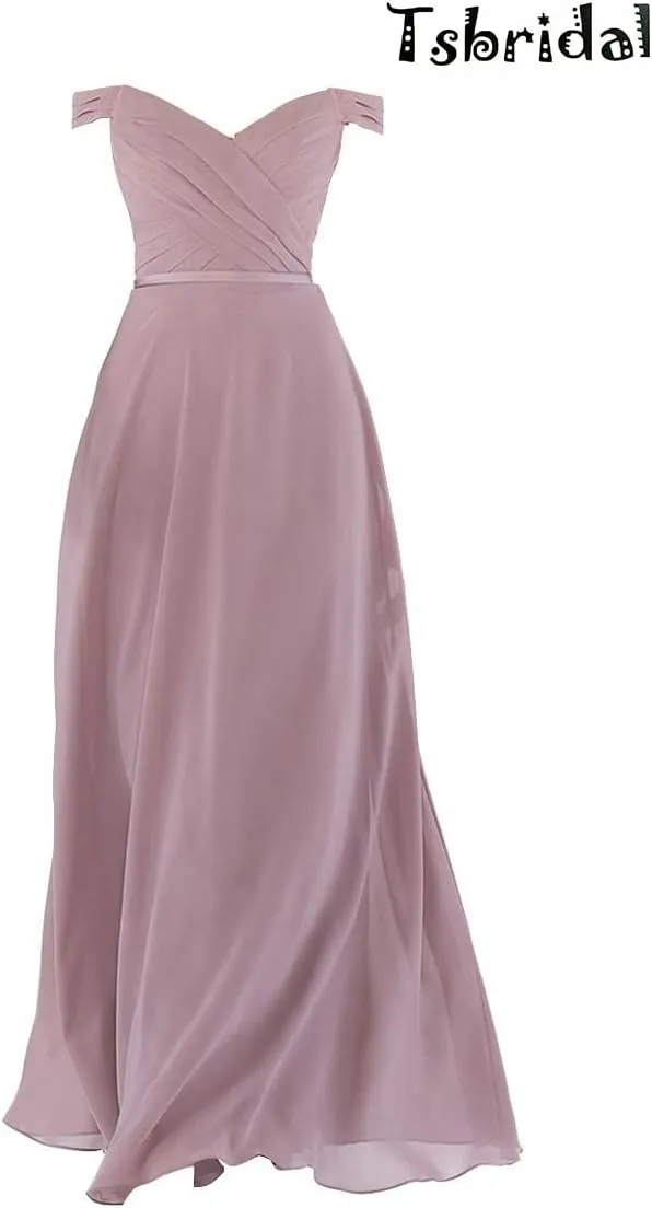 Tsbridal Off Shoulder Bridesmaid Dresses for Women Long A-Line Ruched Chiffon Formal Evening Prom Gowns