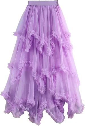 Tulle Long Skirt for Women Summer Irregular Mesh High Waist Maxi Skirt Pleated A-Line Swing Midi Skirt