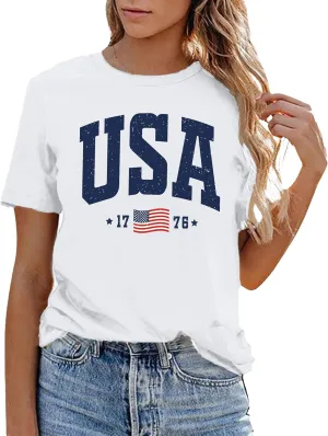 USA Flag Tee Shirt Women 4th of July Gift T Shirt Casual Short Sleeve American Proud T-Shirt Tops