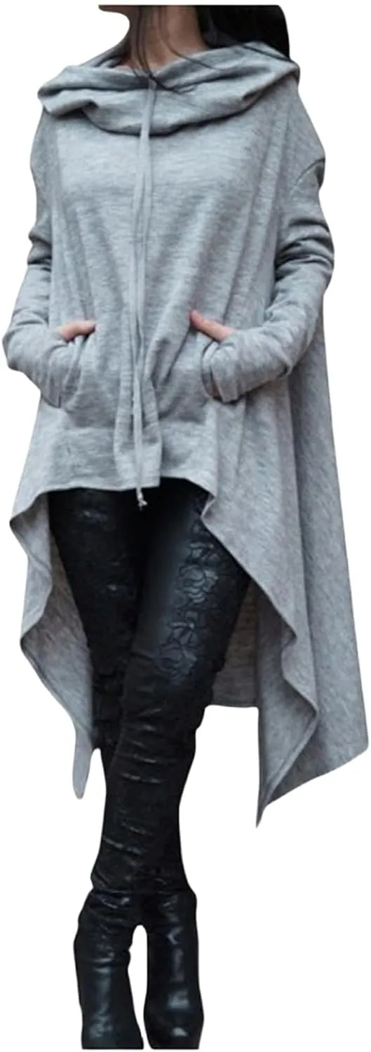 uSecee Hoodies for Women Long Sleeve Irregular Hem Long Hooded Sweatshirts Witch Halloween Pullover Loose Casual Tunic Tops