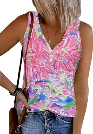 V Neck Tank Tops for Women Summer Casual Button Down Sleeveless T Shirts Casual Loose Tops Clothes Outfits