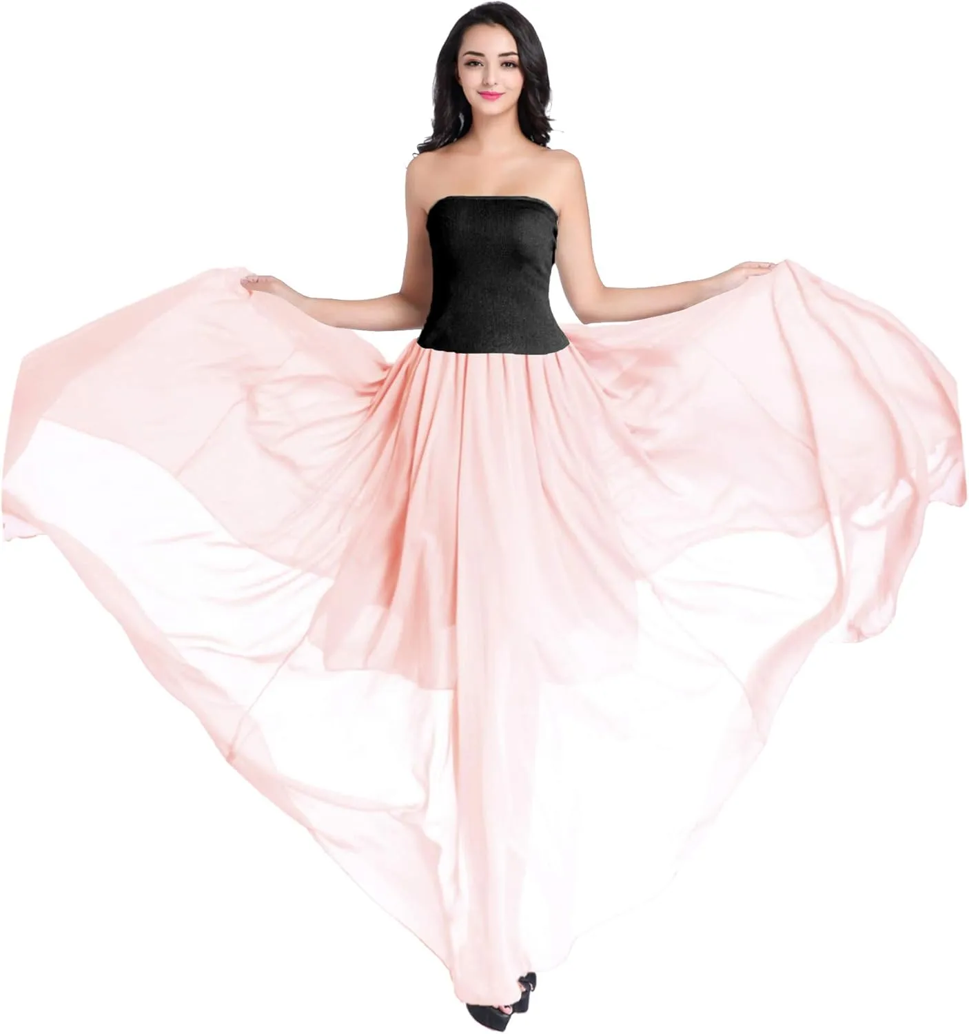 v28 Women Full/Ankle Length Elastic Pleated Retro Maxi Chiffon Long Skirt