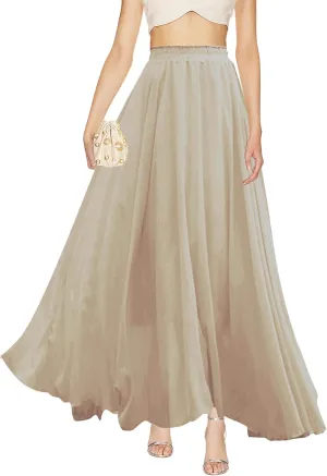 v28 Women Full/Ankle Length Elastic Pleated Retro Maxi Chiffon Long Skirt