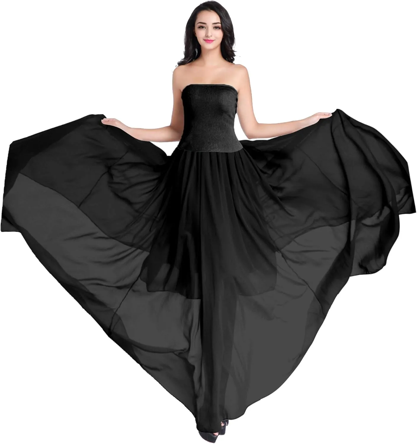 v28 Women Full/Ankle Length Elastic Pleated Retro Maxi Chiffon Long Skirt