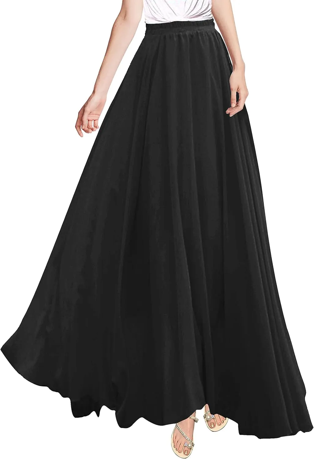v28 Women Full/Ankle Length Elastic Pleated Retro Maxi Chiffon Long Skirt