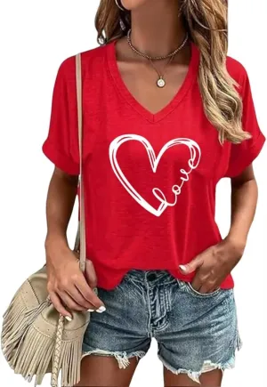 Valentines Hearts T Shirt for Women Vintage Love Heart Graphic V Neck Short Sleeve Shirt Valentine's Day Gift Blouse