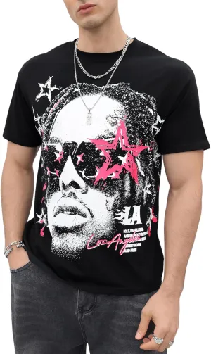 Verdusa Men's Fashion Portrait Print Hip Hop T-Shirt Oversize Vintage Rapper Tee Shirt Tops