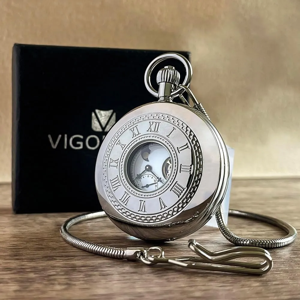 VIGOROSO Mechanical Hand-Wind Pocket Watch for Men, Half Hunter Double Covers 24-Hour Day Moon Phase, Luxury Watches with Tourbillon in Box
