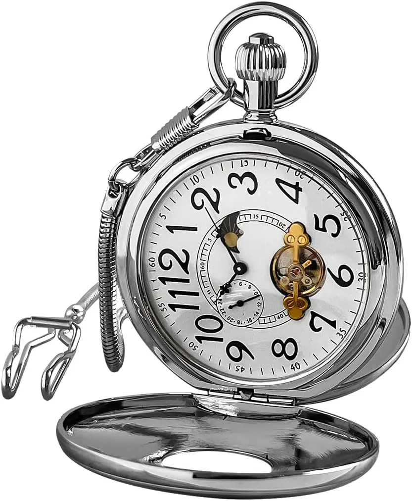 VIGOROSO Mechanical Hand-Wind Pocket Watch for Men, Half Hunter Double Covers 24-Hour Day Moon Phase, Luxury Watches with Tourbillon in Box