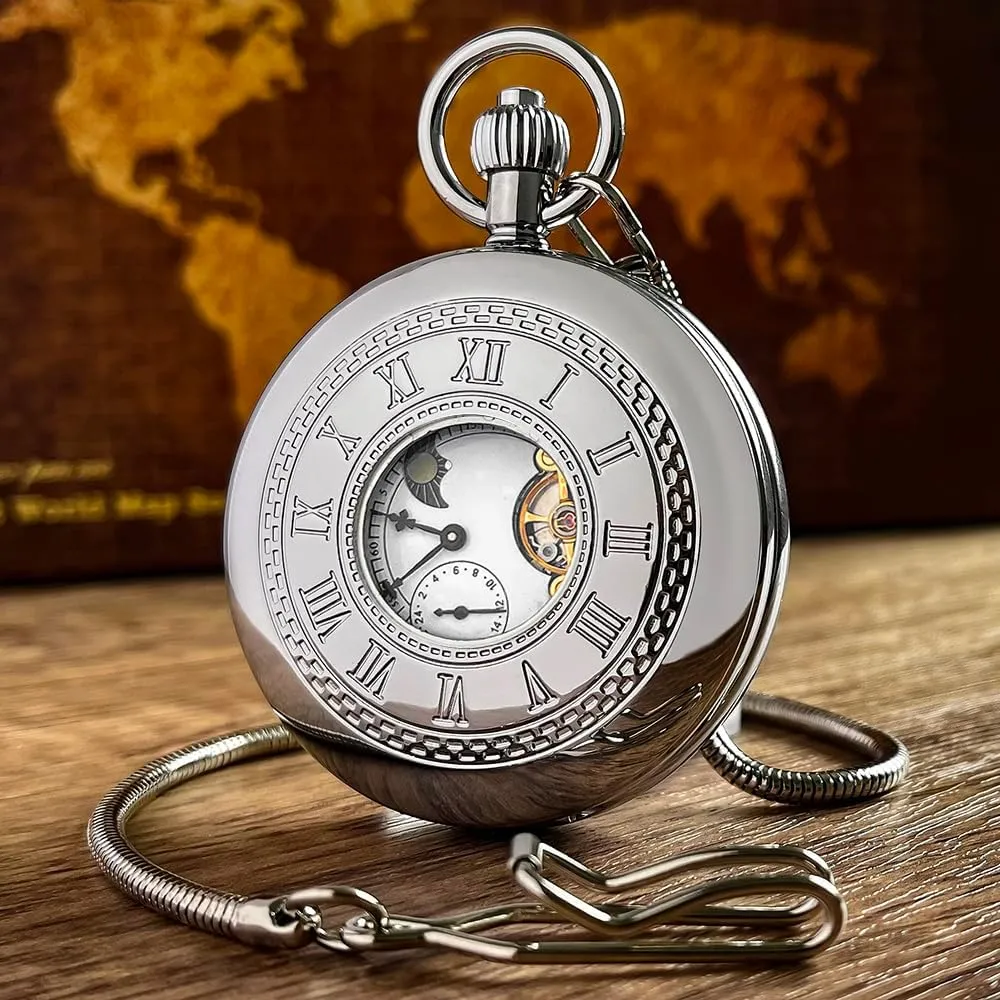VIGOROSO Mechanical Hand-Wind Pocket Watch for Men, Half Hunter Double Covers 24-Hour Day Moon Phase, Luxury Watches with Tourbillon in Box