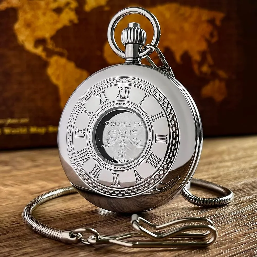 VIGOROSO Mechanical Hand-Wind Pocket Watch for Men, Half Hunter Double Covers 24-Hour Day Moon Phase, Luxury Watches with Tourbillon in Box