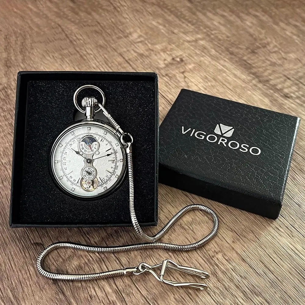VIGOROSO Men's Vintage Full Copper Hand-Wind Mechanical Second&24hours Sub-dials Pocket Watch in Box