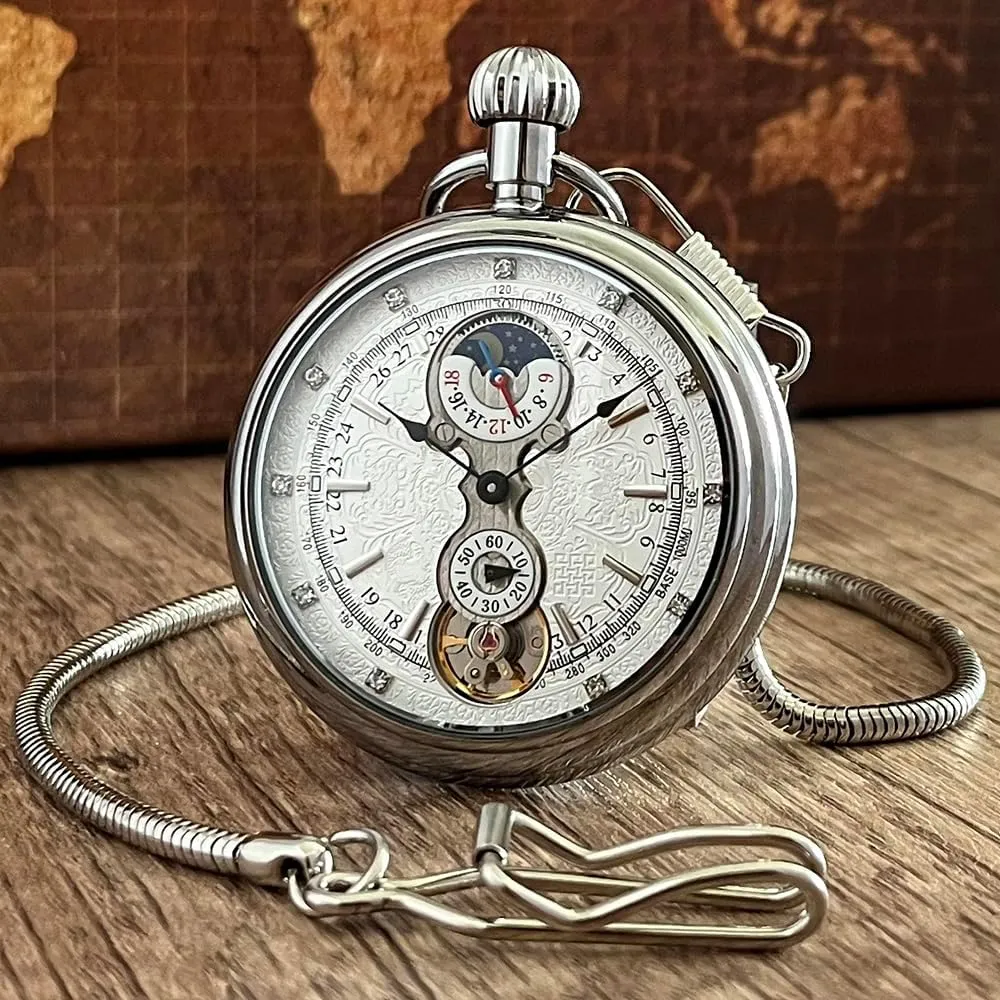 VIGOROSO Men's Vintage Full Copper Hand-Wind Mechanical Second&24hours Sub-dials Pocket Watch in Box
