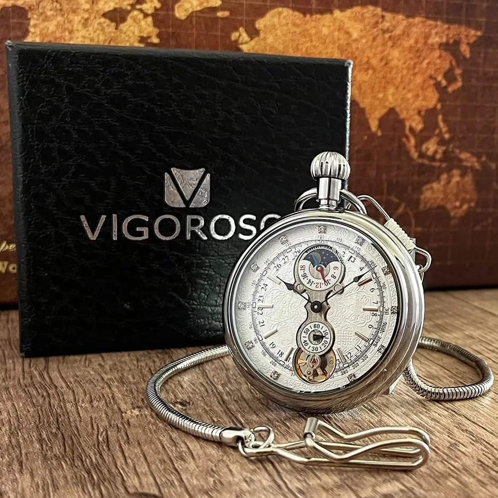 VIGOROSO Men's Vintage Full Copper Hand-Wind Mechanical Second&24hours Sub-dials Pocket Watch in Box