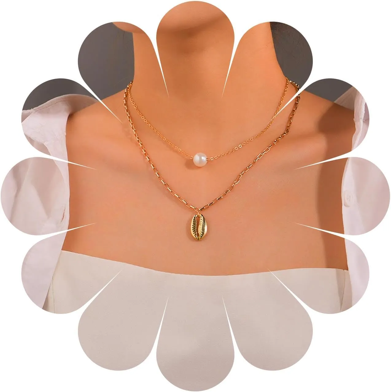 Vintage Layered Pearl Shell Pendant Necklace Puka Shell Choker Necklace Sea Cowrie Necklace Gold Pearl Choker Necklace Jewelry for Women