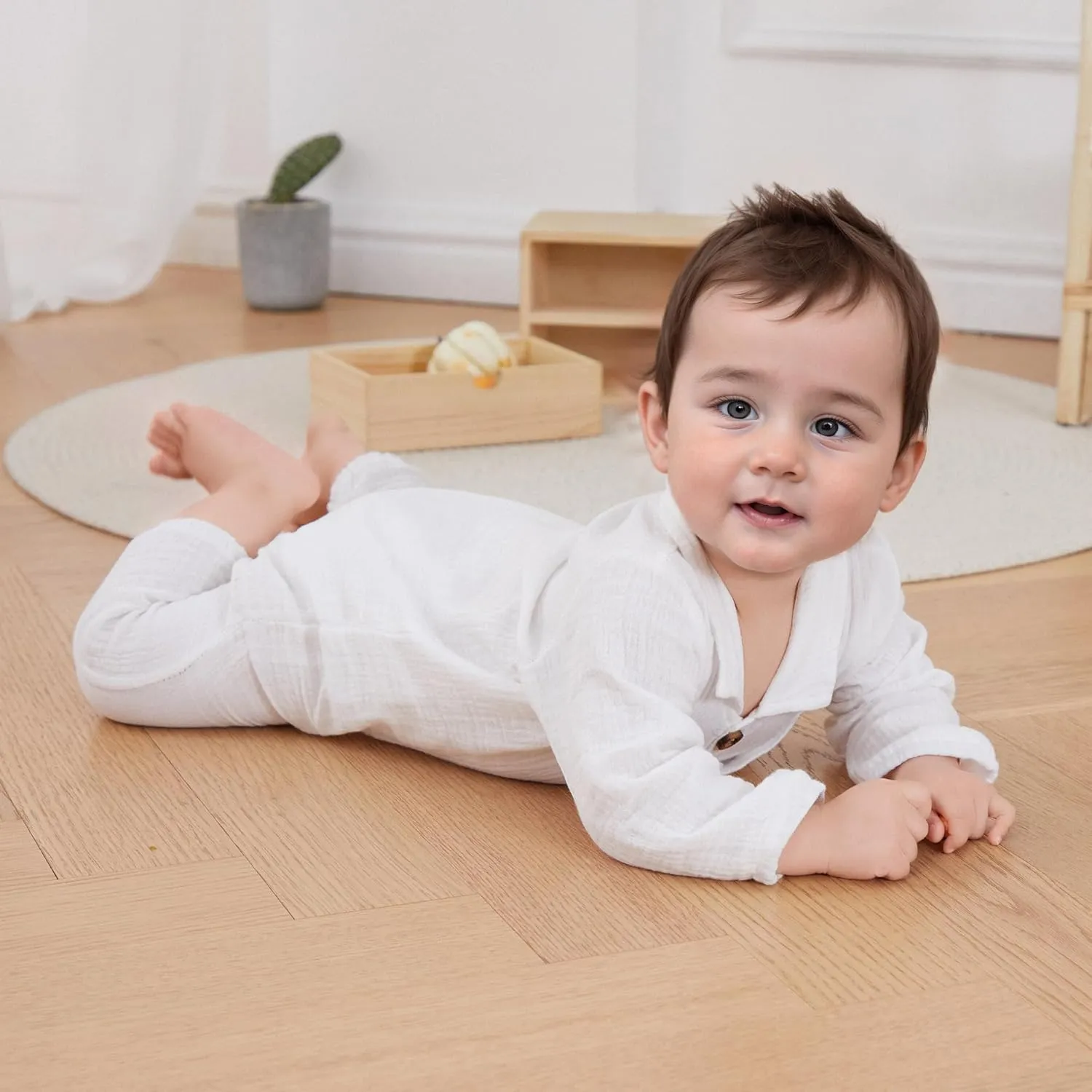 VISGOGO Baby Boy Polo Romper Long Sleeve Solid Bodysuit Cotton Linen Jumpsuit Collared Onesie Infant One-Piece Outfit