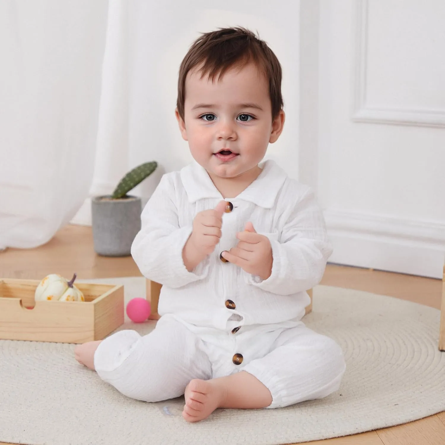 VISGOGO Baby Boy Polo Romper Long Sleeve Solid Bodysuit Cotton Linen Jumpsuit Collared Onesie Infant One-Piece Outfit