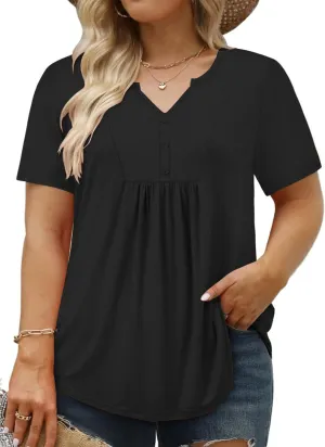 VISLILY Women's Plus-Size-Summer-Tops Trendy Henley V Neck T-Shirts Flowy Pleated Tunics Short Sleeve Buttons Up Blouses