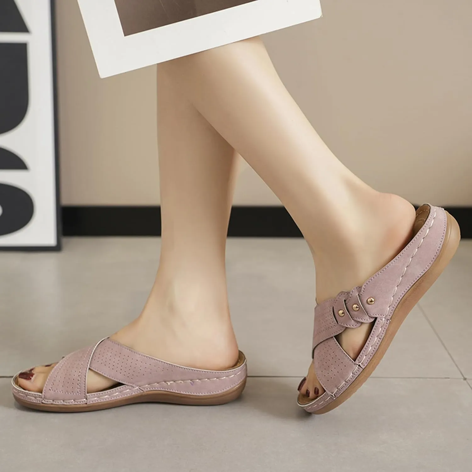 Walking Sandals Women Open Toe Wedge Sandal Arch Support Womens Shoes Slip On Platform Slides Comfort Orthotic Shoe