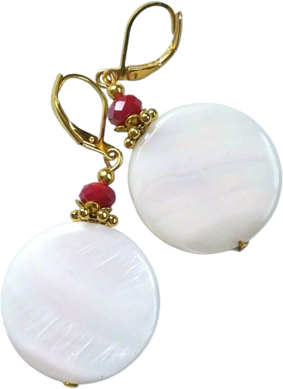 White Shell Pearl Red Crystal Gold Plated Artisan Earrings Jewelry Handmade Dangle Leverback Vintage Crafted For Women