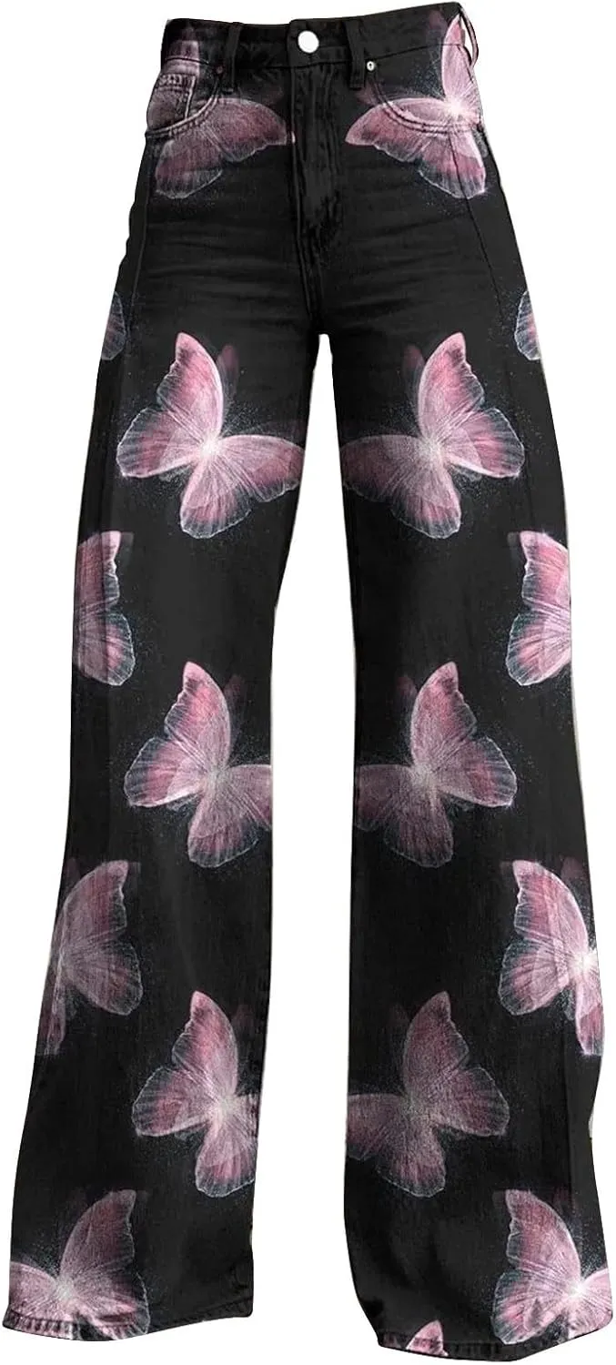 Wide Leg Flare Jeans for Women Vintage Floral Print Baggy Bell Bottom Jean Baggy Retro Boyfriend Flower Denim Pants
