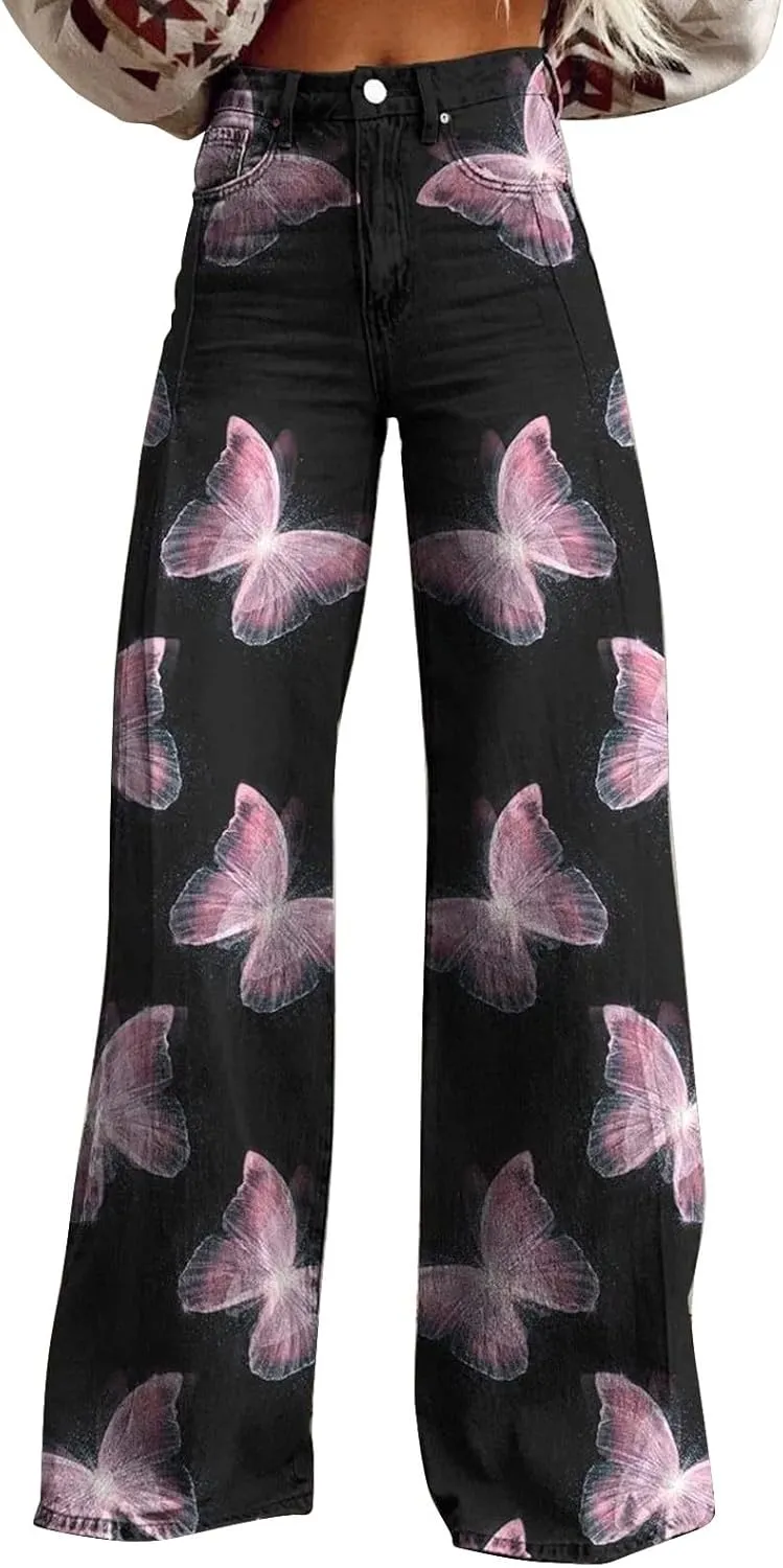 Wide Leg Flare Jeans for Women Vintage Floral Print Baggy Bell Bottom Jean Baggy Retro Boyfriend Flower Denim Pants
