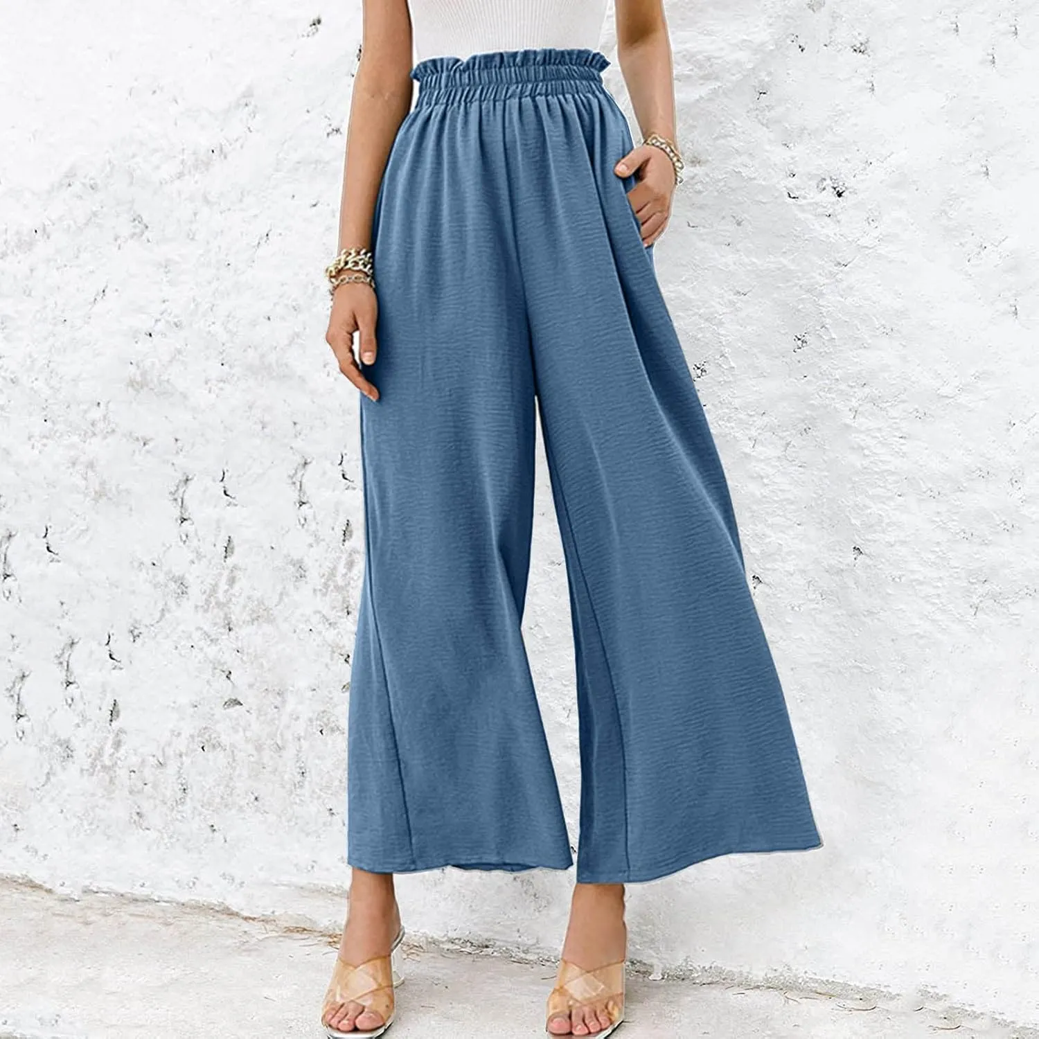 Wide Leg Linen Pants Woman Comfy Linen Pants Pants Work Long Trousers with Pockets Linen Blend Pants