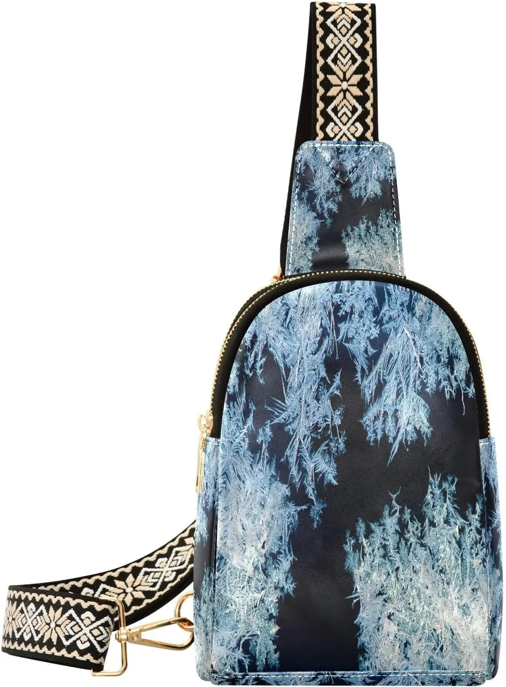 Winter Frosty Pattern Fanny Pack Crossbody PC Leather Small Sling Bag for Women Fashion Waist Packs Chest Bag for Travel Sports Running Hiking