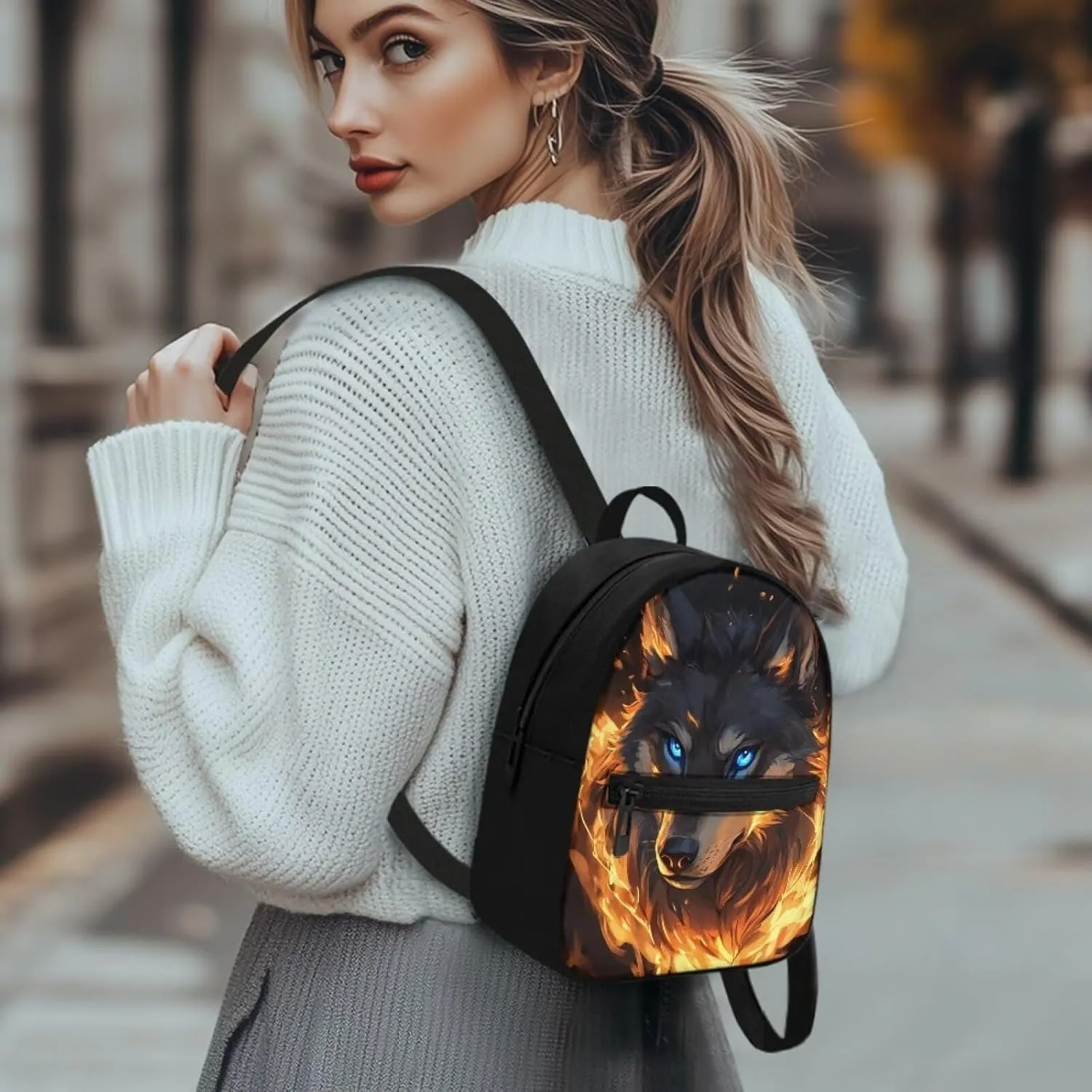 Wolf Backpacks Purse for Women Travel Cool Mini Bookbag with Zipper Pocket Portable Daypack with Shoulder Strap for Casual Shopping