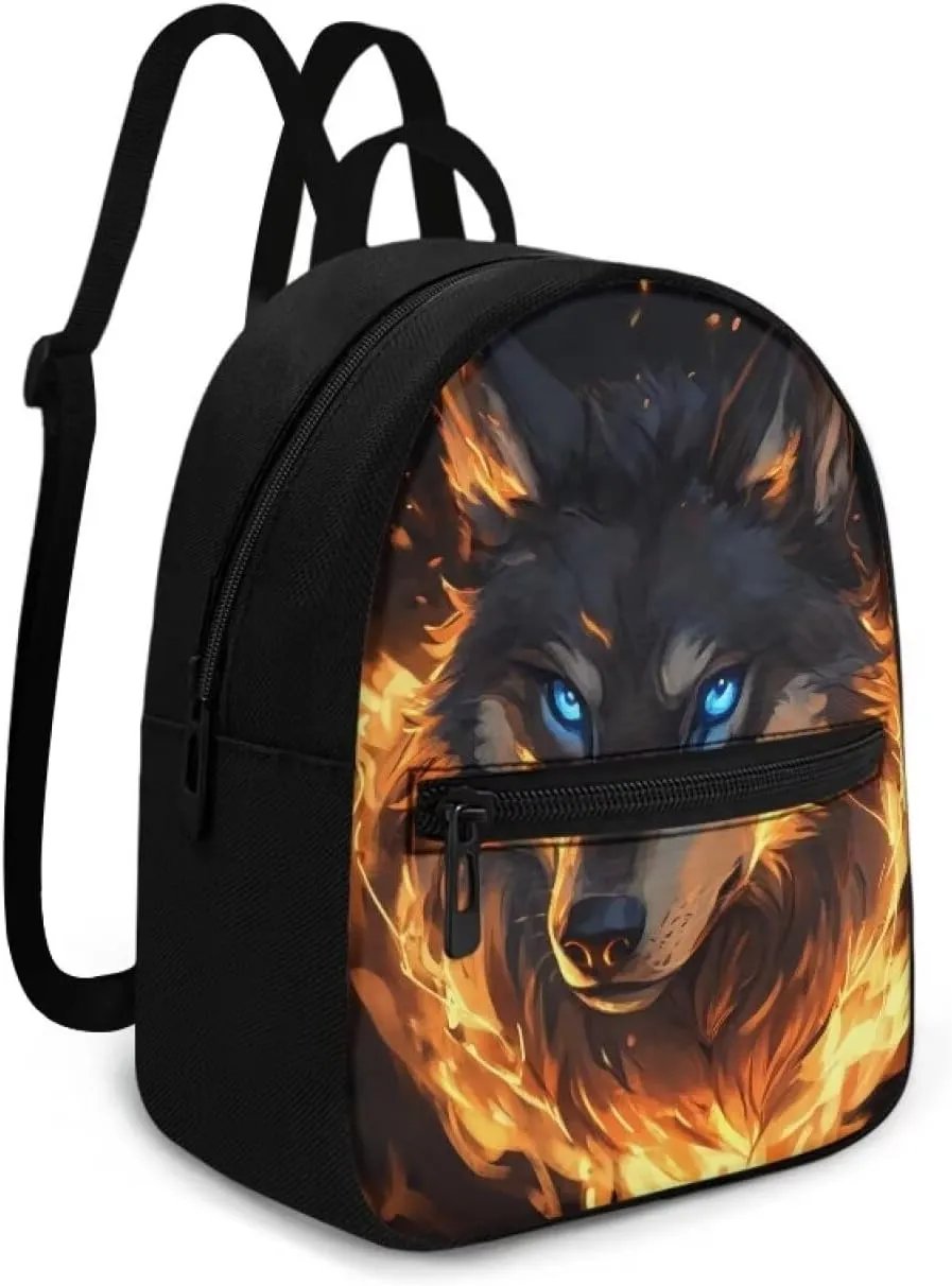 Wolf Backpacks Purse for Women Travel Cool Mini Bookbag with Zipper Pocket Portable Daypack with Shoulder Strap for Casual Shopping