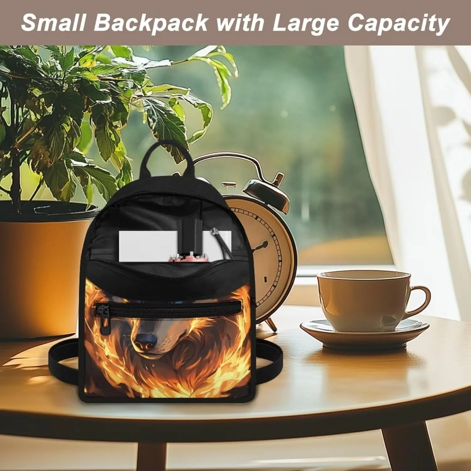 Wolf Backpacks Purse for Women Travel Cool Mini Bookbag with Zipper Pocket Portable Daypack with Shoulder Strap for Casual Shopping