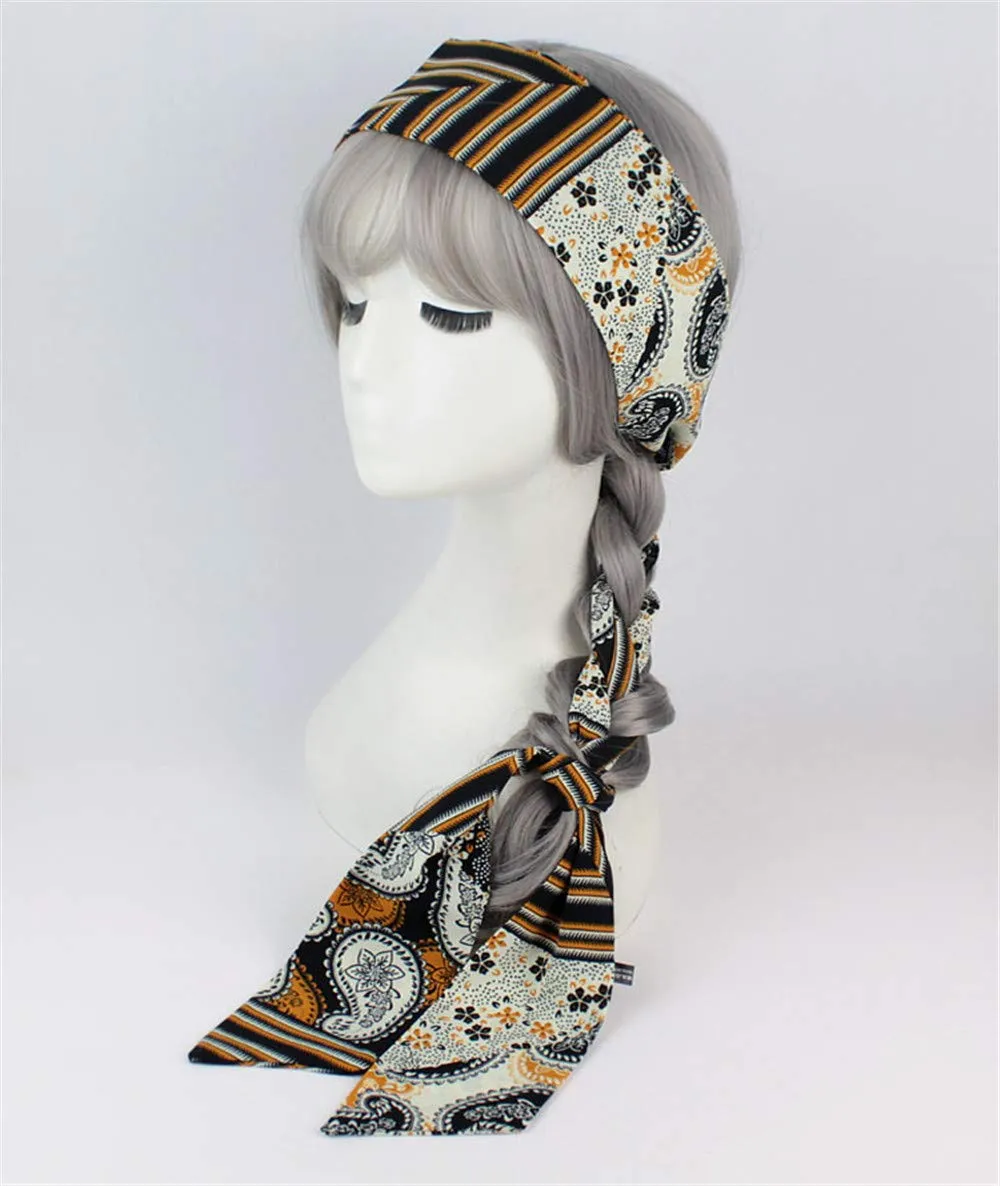 Women Boho Vintage Long Ribbon Neck Scarf Hair Bands Ponytail Holder for Girls (F)