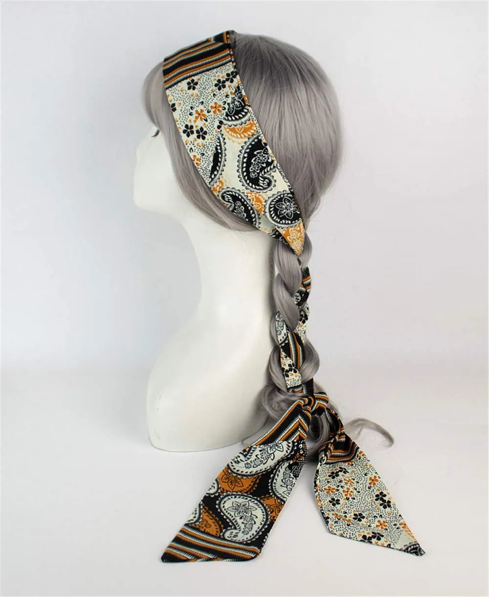 Women Boho Vintage Long Ribbon Neck Scarf Hair Bands Ponytail Holder for Girls (F)