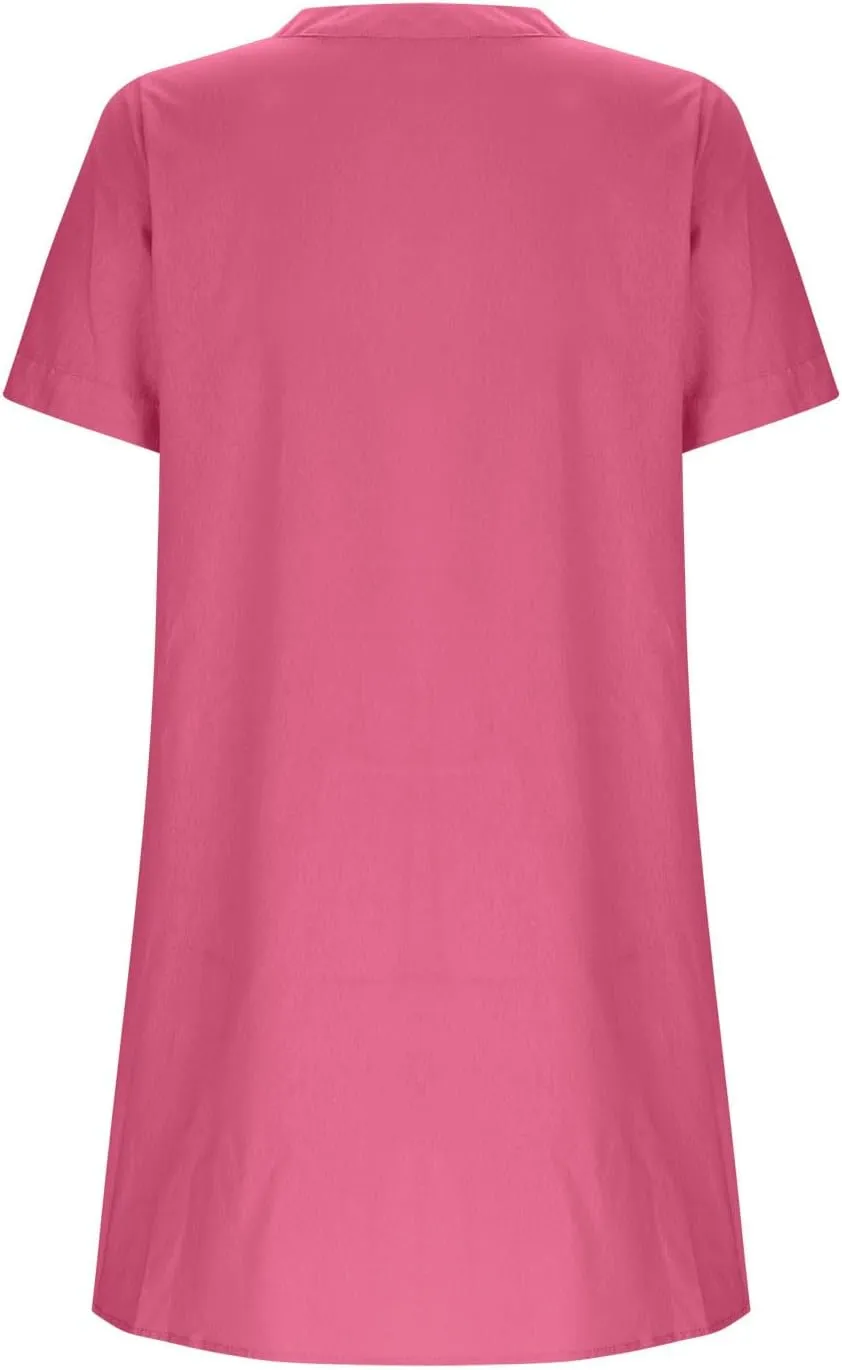 Women Button Down T Shirt Dress 2025 V-Neck Short Sleeve Mini Dress Business Casual Work Shift Dresses with Pockets