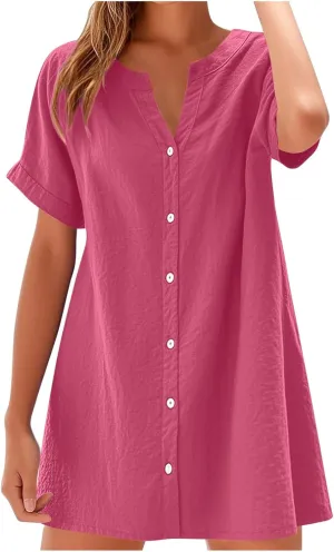 Women Button Down T Shirt Dress 2025 V-Neck Short Sleeve Mini Dress Business Casual Work Shift Dresses with Pockets