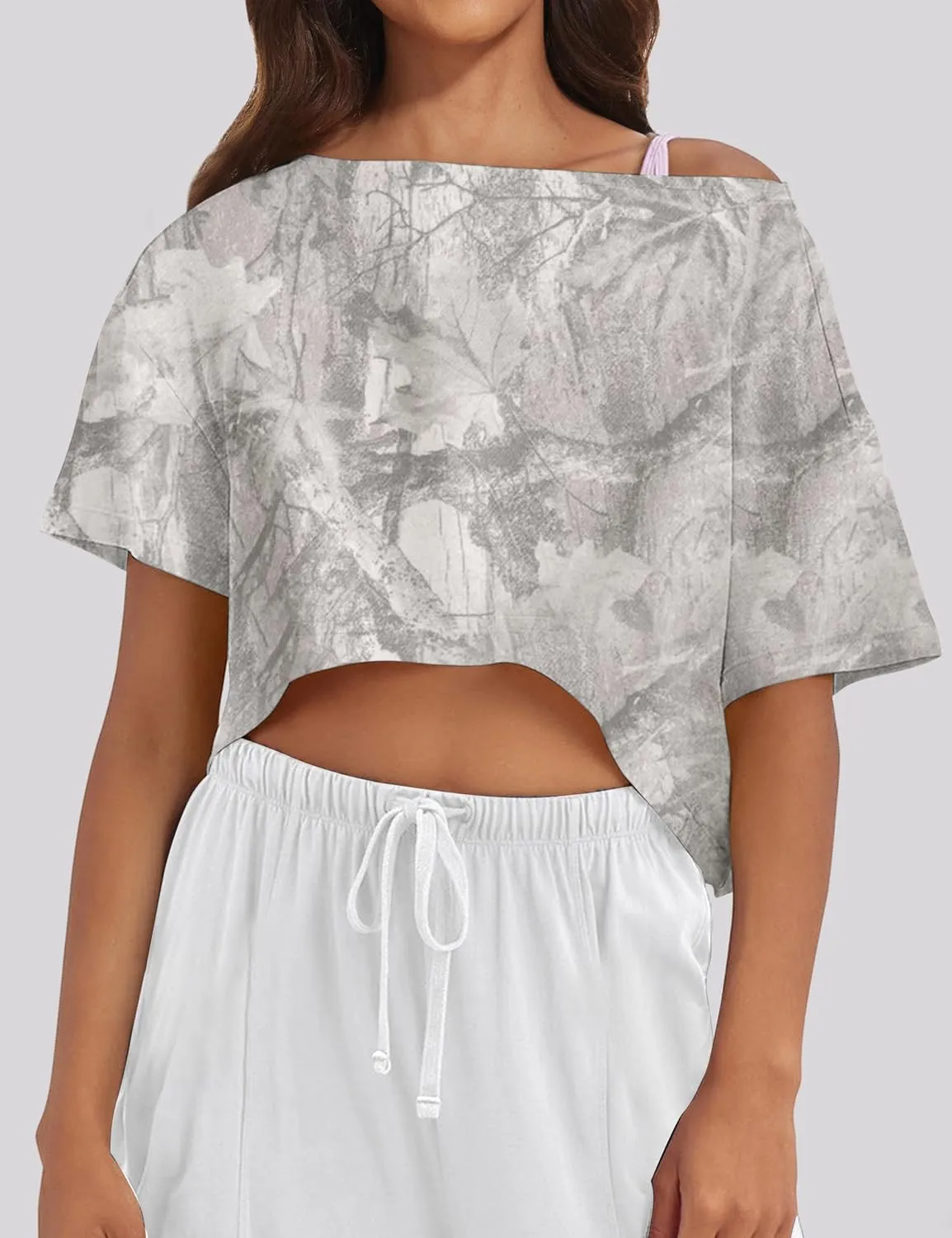 Women Camo Off The Shoulder Shirt Top Short Sleeve Boat Neck Athletic Workout Crop Tees Oversized T Shirts Summer