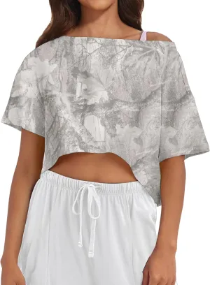 Women Camo Off The Shoulder Shirt Top Short Sleeve Boat Neck Athletic Workout Crop Tees Oversized T Shirts Summer