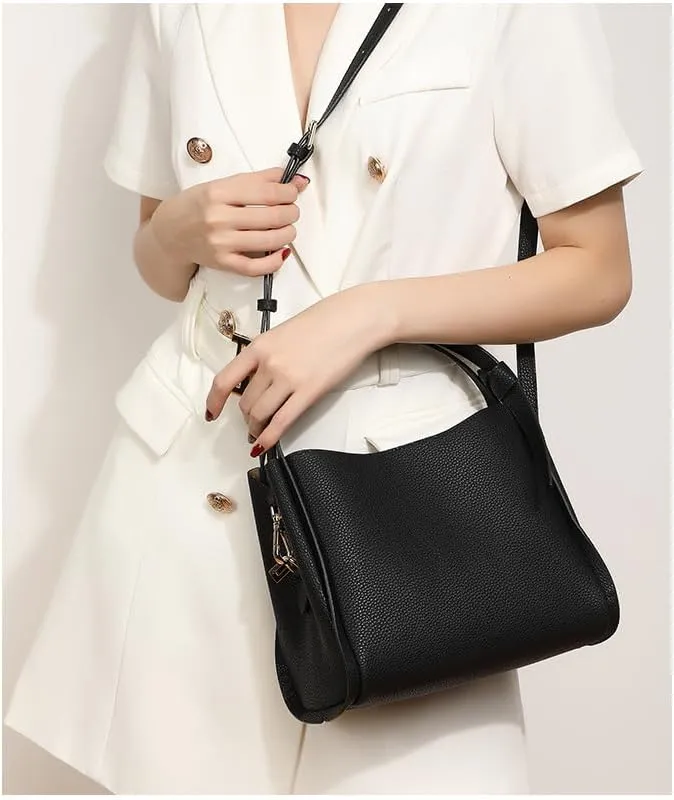 Women Genuine Leather Bucket Bag Vegetable Basket Bag Shoulder Handbag Cowhide Crossbody Purse Adjustable Straps