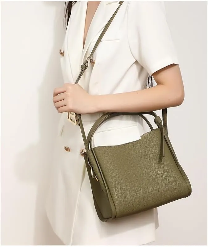 Women Genuine Leather Bucket Bag Vegetable Basket Bag Shoulder Handbag Cowhide Crossbody Purse Adjustable Straps