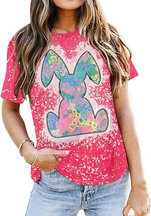 Women Happy Easter T Shirt Tie-Dyed Rabbit Graphic Shirts Funny Bunny Graphic Letter Printed Easter Tee Shirts