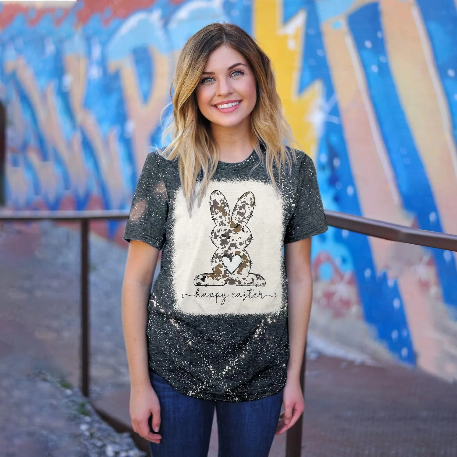 Women Happy Easter T Shirt Tie-Dyed Rabbit Graphic Shirts Funny Bunny Graphic Letter Printed Easter Tee Shirts