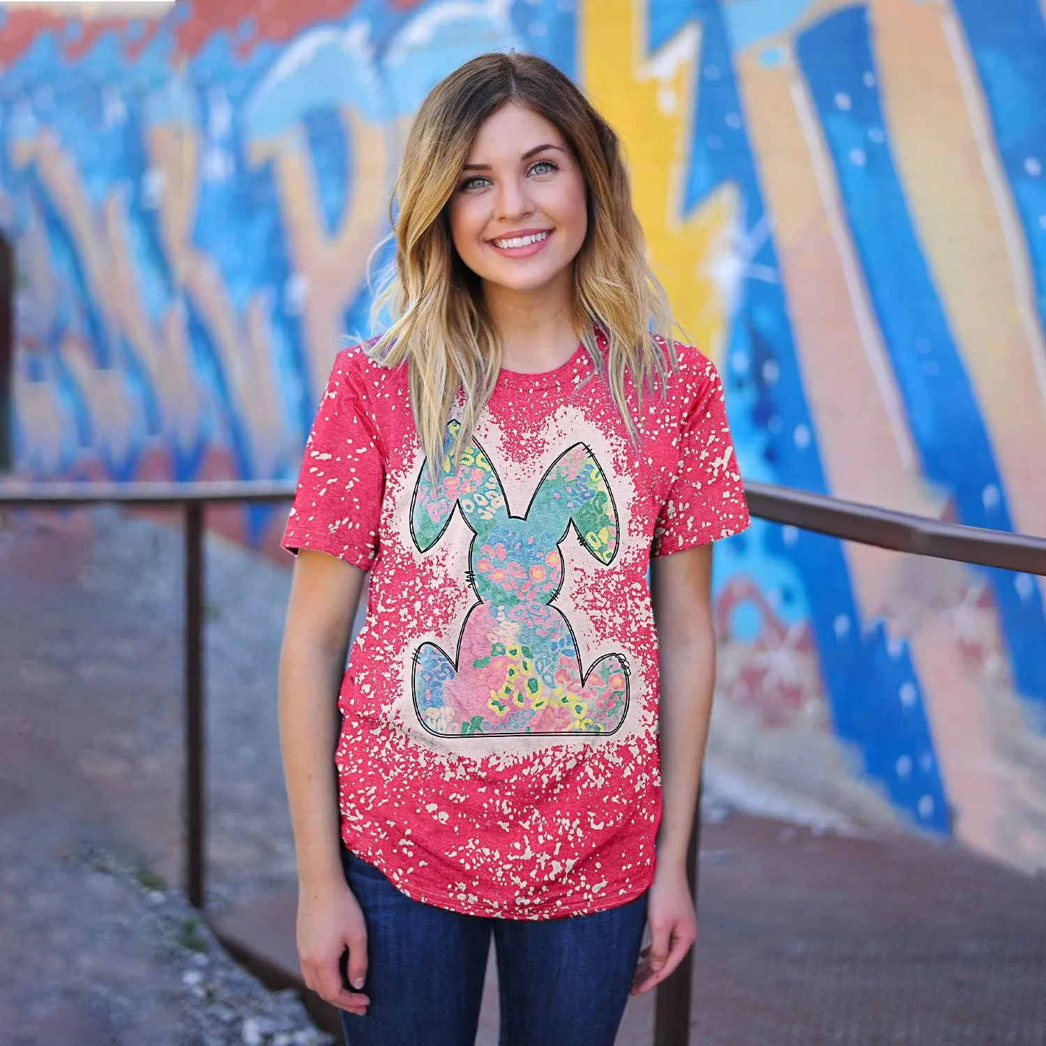 Women Happy Easter T Shirt Tie-Dyed Rabbit Graphic Shirts Funny Bunny Graphic Letter Printed Easter Tee Shirts
