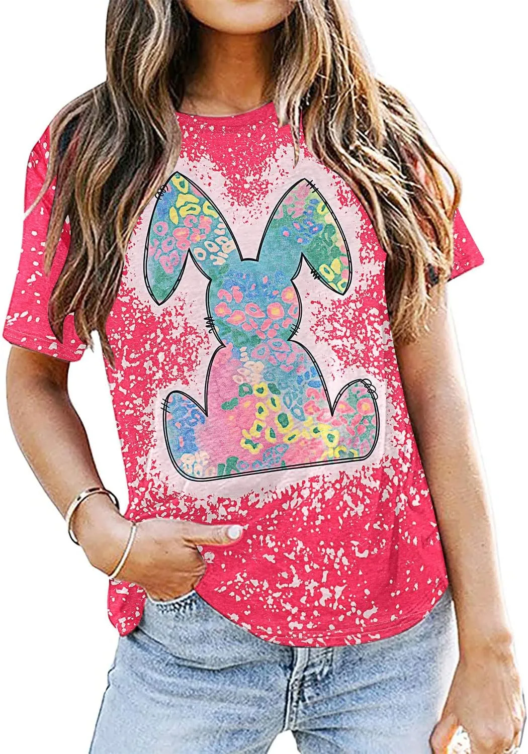 Women Happy Easter T Shirt Tie-Dyed Rabbit Graphic Shirts Funny Bunny Graphic Letter Printed Easter Tee Shirts