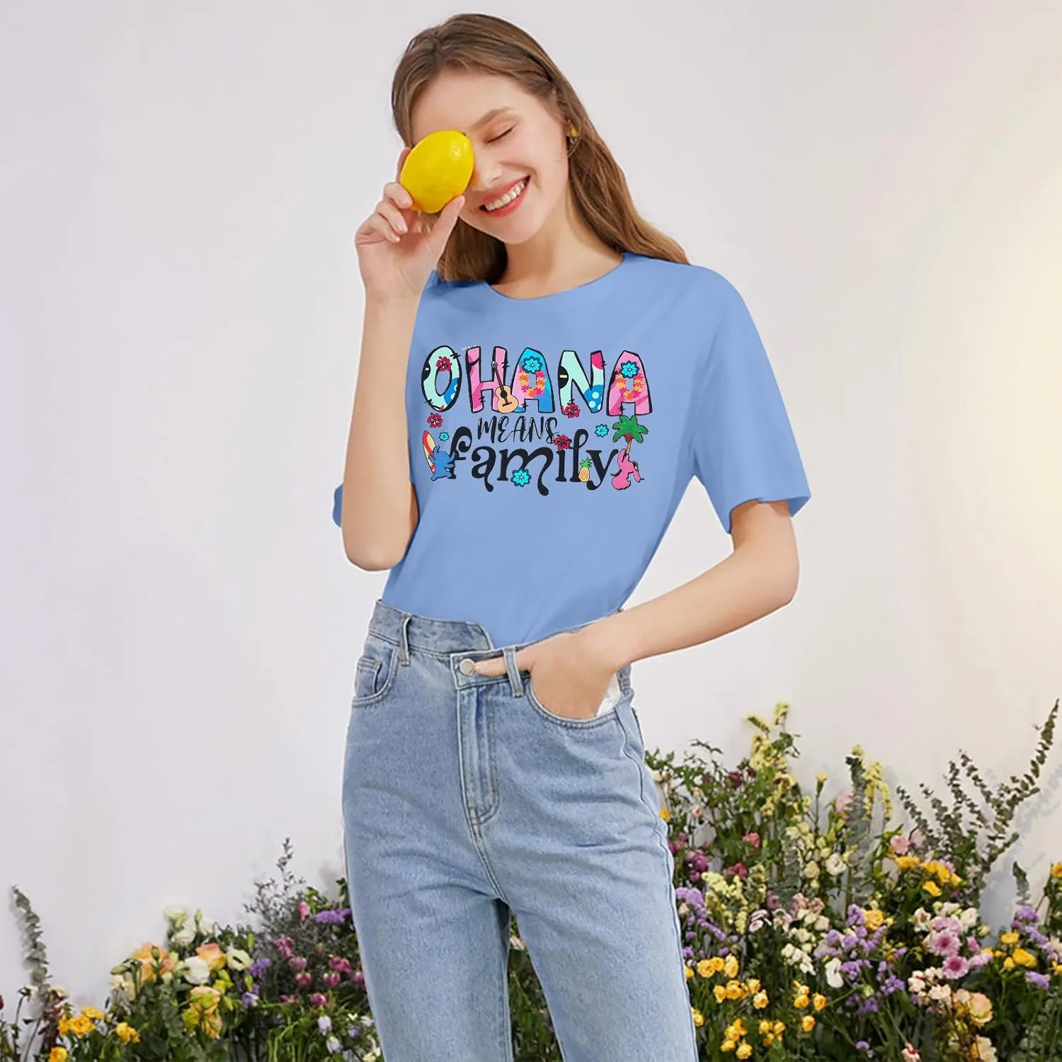 Women Hawaiian Shirts Ohana Means Family Shirt Summer Beach Hawaiian Hibiscus Tropical Flower Tee Tops