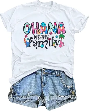 Women Hawaiian Shirts Ohana Means Family Shirt Summer Beach Hawaiian Hibiscus Tropical Flower Tee Tops