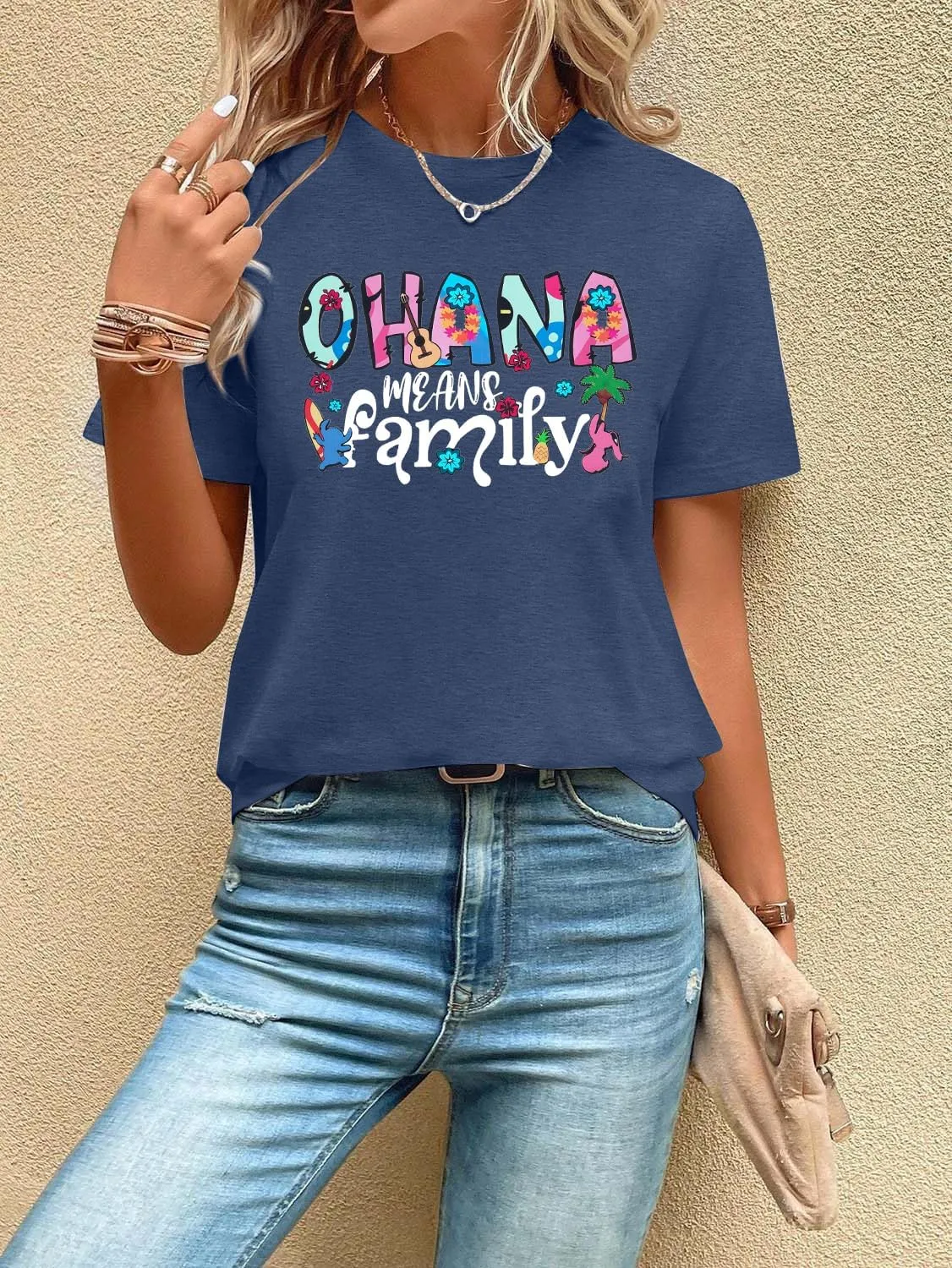 Women Hawaiian Shirts Ohana Means Family Shirt Summer Beach Hawaiian Hibiscus Tropical Flower Tee Tops